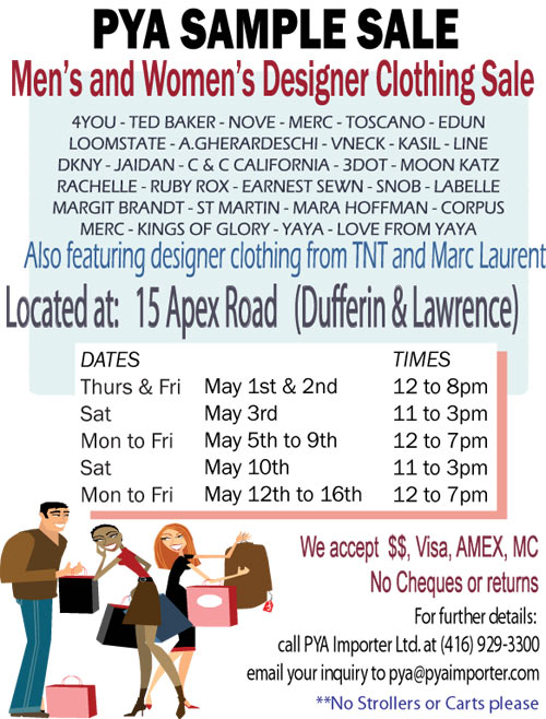 PYA Importer Ltd. Men’s and Women’s Annual Sample Sale & Inventory Clearance