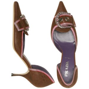 Prada brown leather buckle dorsay pumps