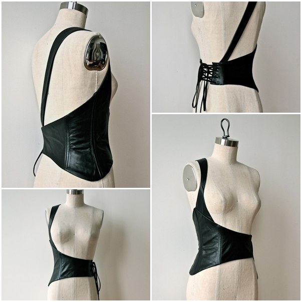 Asymmetrical black leather corselet belt by ZoÃ« Hong